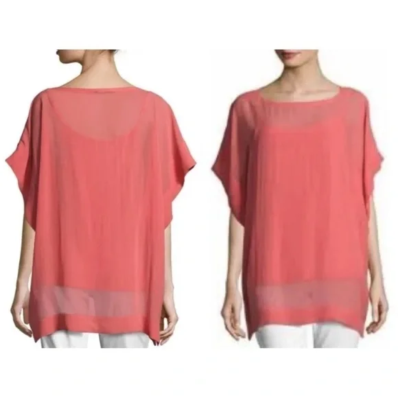 EILEEN FISHER Blouse SHEER SILK GEORGETTE BATEAU NECK BOXY Corral Petite PP $198 - Picture 3 of 4